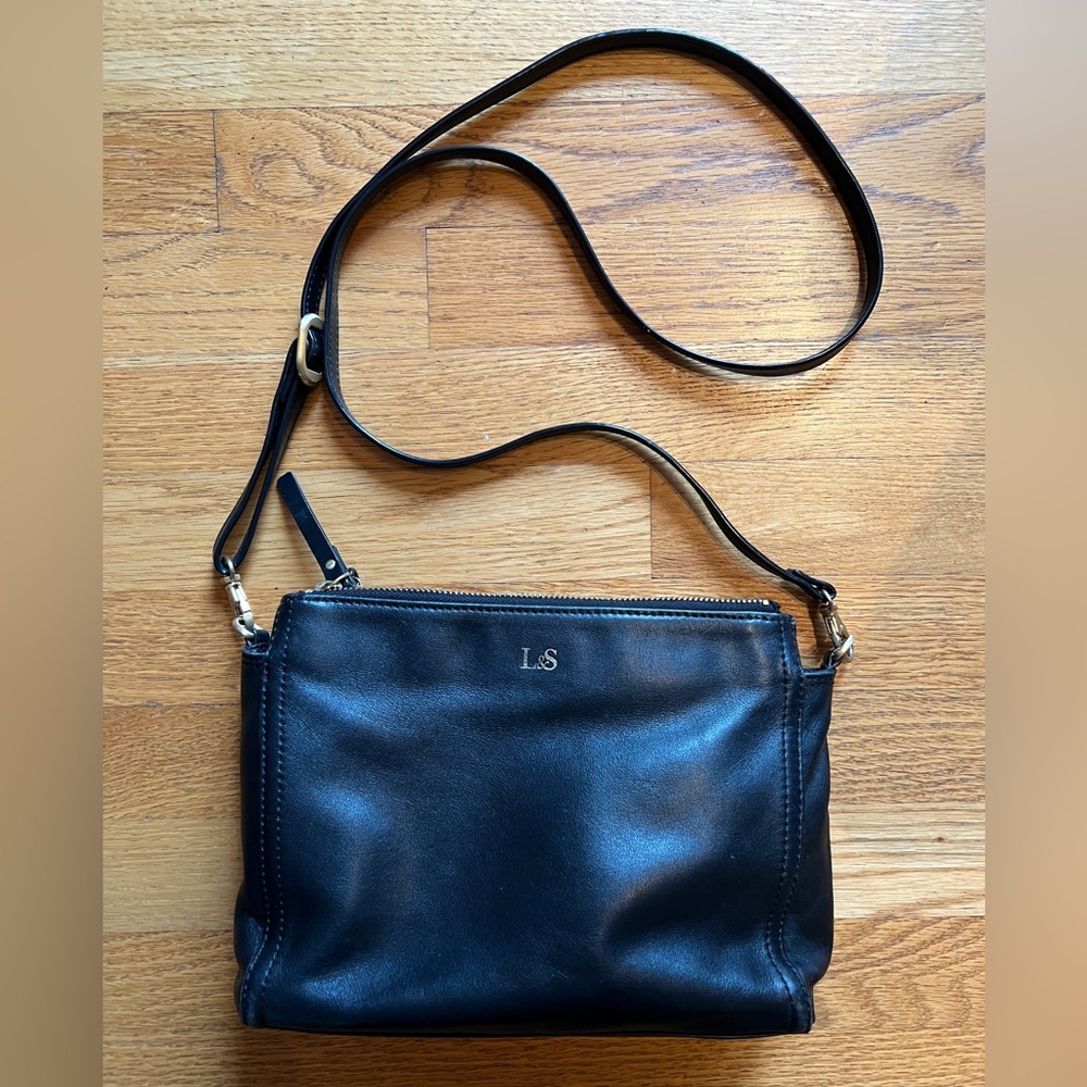 Lo & Sons Pearl crossbody purse, nappa leather, black / gold / lavender